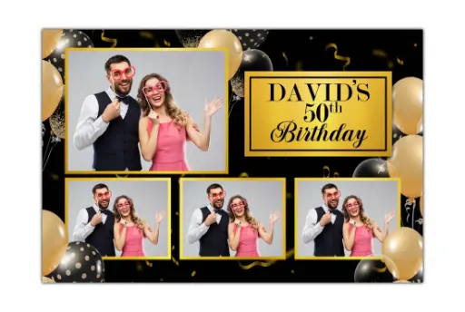 [BT-0015] Black and Gold Photo Booth 4x6 Template with Balloons for 40th 50th 60th Birthdays and Graduation